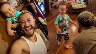 Fred reencontra o filho, Cris, com direito à cosquinha e brincadeira com bola; veja vídeo!