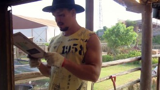 Lucas confere no manual a forma certa de cuidar da vaca