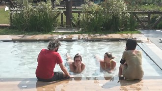 Peões se refrescam na piscina - A Fazenda 12