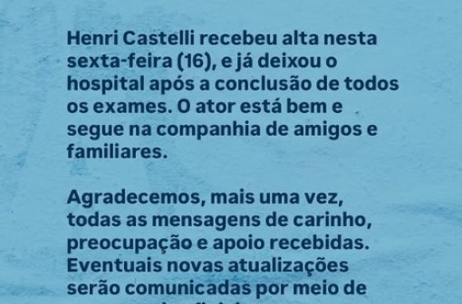 Henri Castelli recebe alta médica  nesta sexta-feira (16)