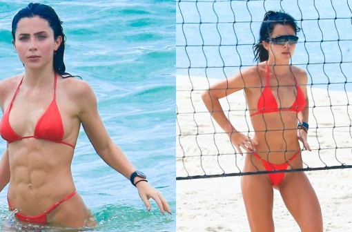 Jade Picon joga futevôlei e dá mergulho em praia no Rio