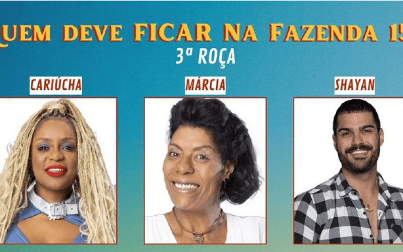 Enquete A Fazenda 2023 + Votação R7: quem sai na 3ª Roça, Cariúcha, Márcia ou Shayan? E quem fica?