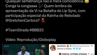Gretchen reage após Vitória Strada e VinÃcius dançarem 'Conga' no BBB 25: 'Amo'