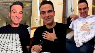 Tadeu Schmidt se emociona com presente surpresa de ex-BBBs: 'Vocês moram no meu coração'