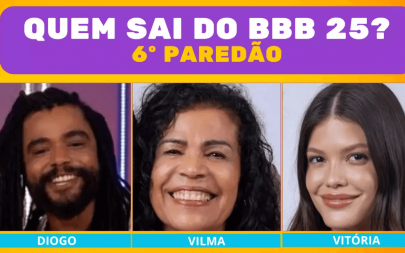 Enquete BBB 25 6º Paredão: quem sai, Diogo, Vilma ou Vitória?