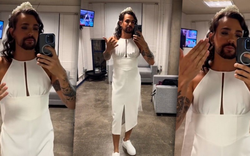 De vestido branco e véu, VÃtor diCastro brinca sobre VinÃcius: