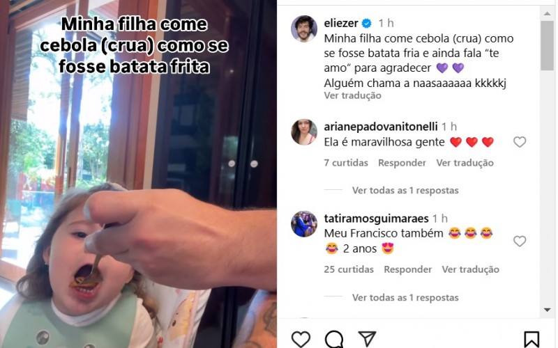 Eliezer surpreende fãs ao mostrar que Lua, sua filha com Viih Tube, come cebola crua