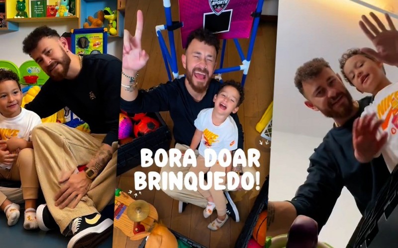 Fred Bruno, do BBB 23, separa brinquedos para doação com o filho