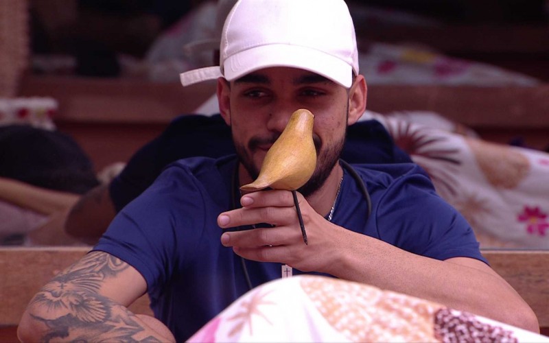 João Pedro segura passarinho decorativo no BBB 25, e declara: