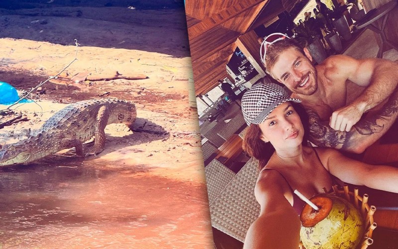 Juliette anda de bicicleta com noivo e se surpreende com jacarés: