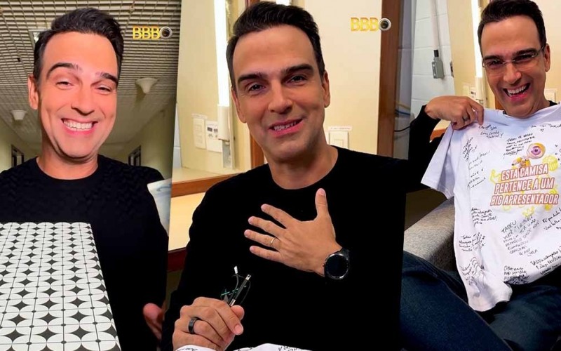 Tadeu Schmidt se emociona com presente surpresa de ex-BBBs: