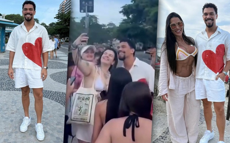 Vinícius encontra Gracyanne Barbosa e chama a atenção de fãs na praia de Copacabana, no Rio