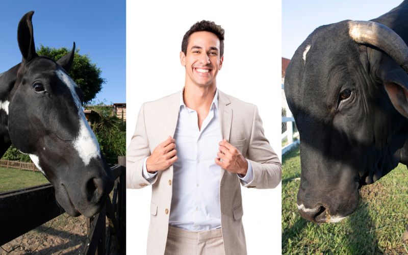 Henrique Martins faz visita especial para Colorado e Talismã, o cavalo e o touro de A Fazenda